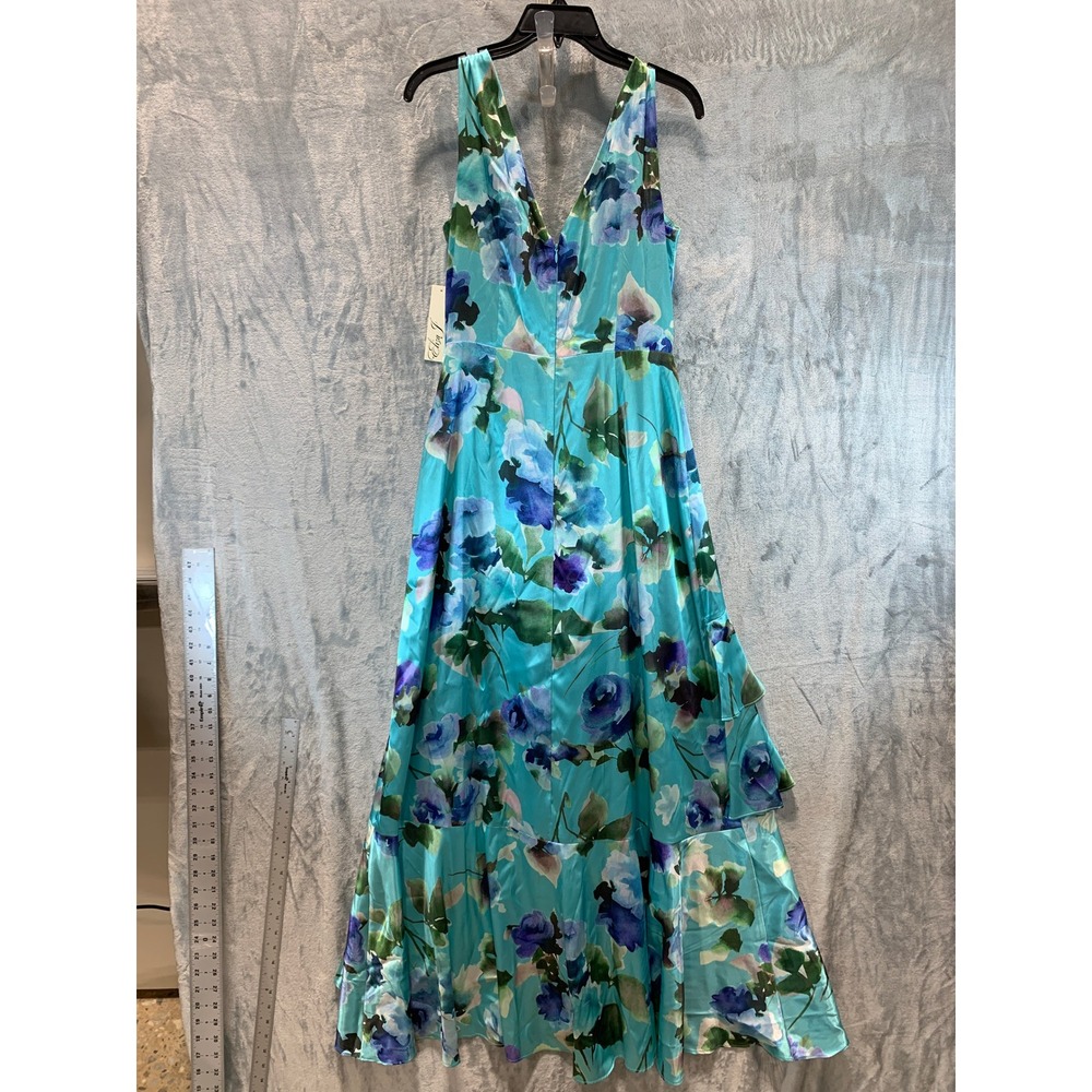 Eliza J Womens Aqua Blue Floral Satin Ruffle High-Low Maxi Dress Size 8 EJ5M4486